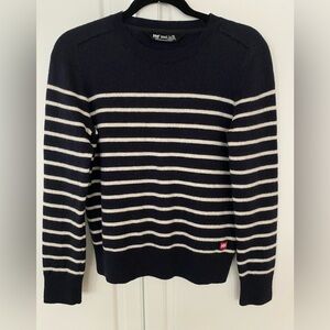 Helly Hansen Navy/White Striped Crewneck Merino Wool Sweater; designed in Norway